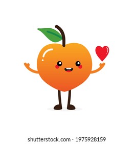 Cute cartoon style smiling peach fruit character holding in hand red heart. Love and appreciation concept.
