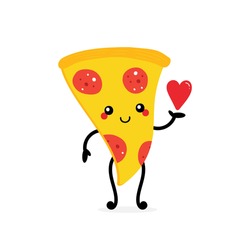 Cute Cartoon Style Smiling Pizza Character Holding In Hand Red Heart. Love And Appreciation Concept.

