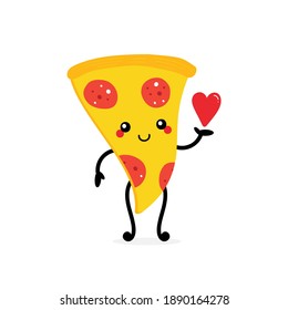 Cute cartoon style smiling pizza character holding in hand red heart. Love and appreciation concept.
