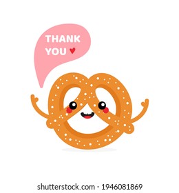 Cute cartoon style smiling  pretzel, knot-shaped baked pastry character saying thank you, showing appreciation.