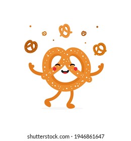 Cute cartoon style smiling pretzel, knot-shaped baked pastry character juggling, throwing up pretzels in air.