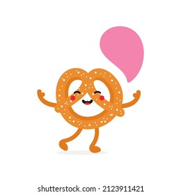 Cute cartoon style smiling pretzel, knot-shaped baked pastry character with empty, blank speech bubble.
