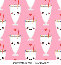 Cute cartoon style smiling vanilla milkshake glasses characters and red hearts vector seamless pattern background for food and drink design.