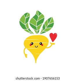 Cute cartoon style smiling yellow turnip character holding in hand red heart. Love, caring, appreciation concept.