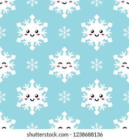 Cute cartoon style snowflakes emoji seamless pattern background for winter design.