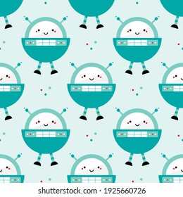 Cute cartoon style spaceman robot character, toy with antennas and buttons vector seamless pattern background.

