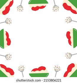 Cute cartoon style spaghetti dish with tomato sauce vector square frame, border for food, cooking design.