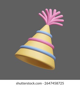 Cute cartoon style striped birthday hat 3D style vector icon. Happy birthday surprise party celebration decor. Yellow cone hat with stripes and tassel 3D vector render isolated on dark. Birthday cap.