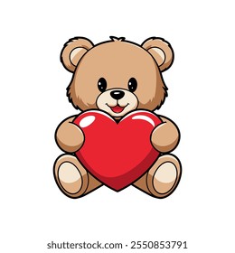 Cute Cartoon Style Teddy Bear Holding Heart Love In. Vector Illustration