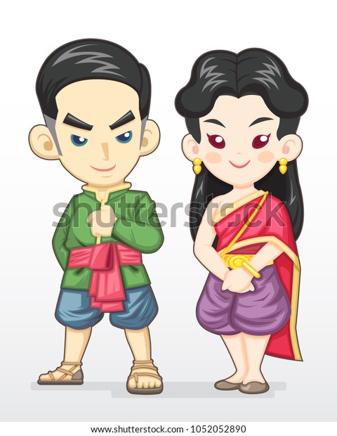 伝統衣装イラストを着たかわいい漫画風タイの夫婦 のベクター画像素材 ロイヤリティフリー 1055