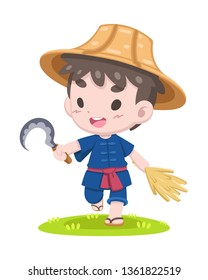 Cute cartoon style Thai farmer with sickle and ear of paddy walking relaxly illustration