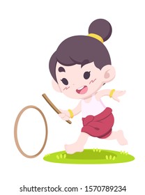 Cute cartoon style Thai traditional game, little girl play wheel rolling vector illustration