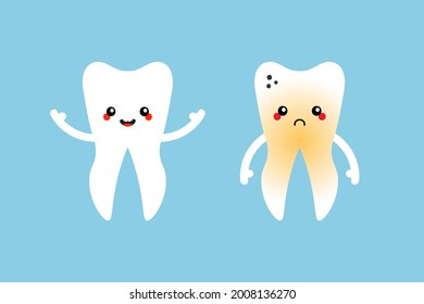 Personajes dentales con estilo de dibujos animados, dientes sanos sonrientes y dientes tristes de placa para el diseño de servicios de atención dental.
