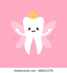 Cute cartoon style tooth fairy, tooth queen with golden crown and wings vector illustration, icon for National Tooth Fairy Day design.
