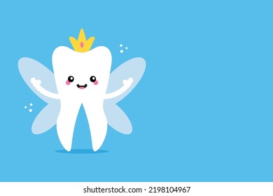 Cute cartoon style tooth fairy, tooth queen character card template with copy space for text, information, notification. National Tooth Fairy Day design.
