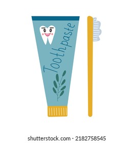Cute cartoon style toothpaste and toothbrush. Vector illustration. 