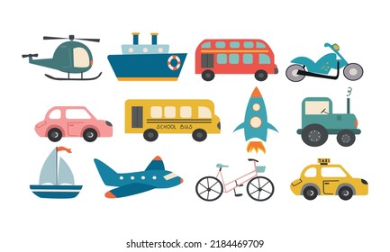 Cute cartoon style transportation set. Vector illustrations.