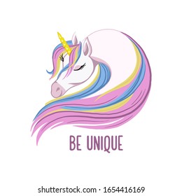 Cute cartoon style unicorn head with quote. Be unique. Vector illustration.