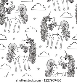 Cute cartoon style unicorn with long curly mane. Hand drawn vector seamless pattern
