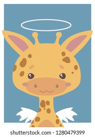 Cute cartoon style vector animal drawing of a guardian angel giraffe with halo and wings suitable for nursery