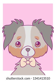 Cute cartoon style vector art print motive with pastel colored Australian Shepherd dog with bowtie