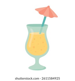 Cute cartoon style vector drink with cocktail glass, yellow liquid and pink umbrella.