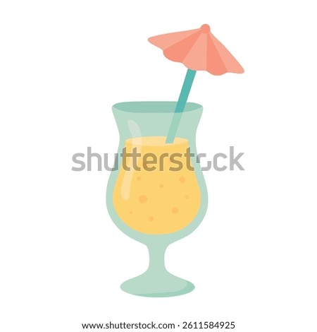 Cute cartoon style vector drink with cocktail glass, yellow liquid and pink umbrella.