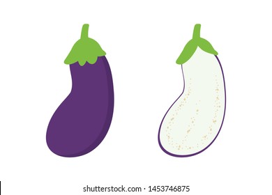 Cute cartoon style vector eggplant or aubergine, whole and cut in half for harvest, cooking design.