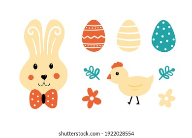 Cute cartoon style vector icons, illustration for Easter holiday design. Easter bunny, decorated egg, chicken and flowers.
