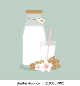 Cute cartoon style vector illustration of home made almond milk with bottle and glass with almond seeds and flowers for decoration.