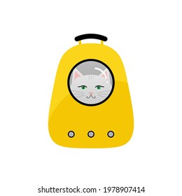 Cute cartoon style vector illustration with white cat sitting in yellow rucksack bag, backpack, pet carrier.