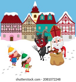 Cute cartoon style vector illustration of St Nicholas and Krampus with children