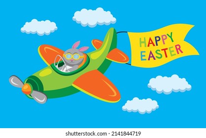 Cute cartoon style vector illustration of Easter Bunny in a plane with Happy Easter message