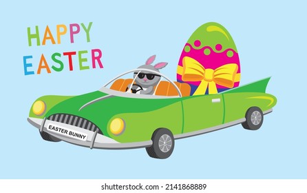 Cuto estilo caricatura ilustración vectorial de Easter Bunny en un auto con mensaje Happy Easter