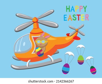 Cute cartoon style vector illustration of Easter Bunny in a helicopter with Happy Easter message