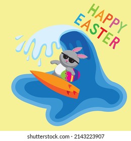 Cute cartoon style vector illustration of surfing Easter Bunny with Happy Easter message