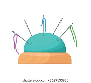Cute cartoon style vector illustration of a pincushion with sewing needles and colorful threads.