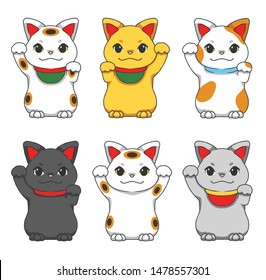 Cute cartoon style vector illustrations of different colored traditional Japanese so called 'Maneki Neko' winking lucky cats, charms for good luck, friends and money