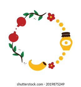 Cute cartoon style vector round frame template, background for Jewish New Year holiday called Rosh Hashanah with honey, pomegranates, shofar horn and flowers.