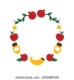 Cute cartoon style vector round frame template, background for Jewish New Year holiday called Rosh Hashanah with pomegranates, apples, honey, shofar horn and green branches.