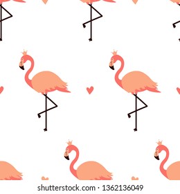 Cute cartoon style vector seamless pattern background with tropical flamingo in crown and hearts.