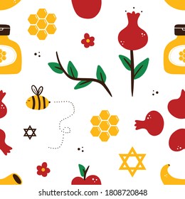 Cute cartoon style vector seamless pattern background with david stars, honey jars, cute honey bee, pomegranates and apples for Rosh Hashanah, Jewish New Year holiday.
