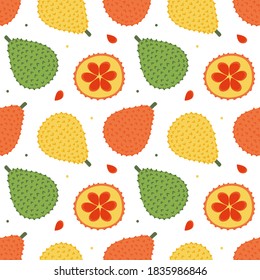Cute cartoon style vector seamless pattern background with gac fruits, baby jack fruit.