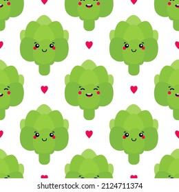 Estilo de dibujos animados lindo vectorial fondo de patrón sin fisuras con personajes de alcachofa verde y corazones rosados.