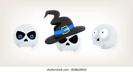Cute cartoon style vector skull set isolated on white background