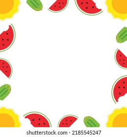 Estilo de dibujos animados lindo marco cuadrado vectorial, plantilla de tarjeta con sol, paletas, rodajas de sandía para el verano, diseño de vacaciones.
