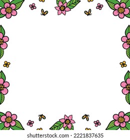 Cute Cartoon Stil Vektor Quadrat Rahmen, Rand Vorlage, Hintergrund für den Frühling, Sommer-Design mit rosafarbenen Blumen, grüne Äste und Blätter.
