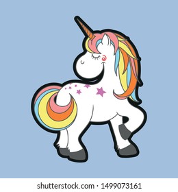 Cute cartoon style vector unicorn on blue background. Can be used as a poster, invitation and birthday card, baby shower decoration, sticker and children textile print.
