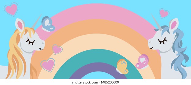 Cute cartoon style vector web banner with unicorns, butterflies, hearts and rainbow on blue background, illustration for children