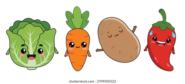 bonito estilo de desenho animado verduras com rostos expressivos